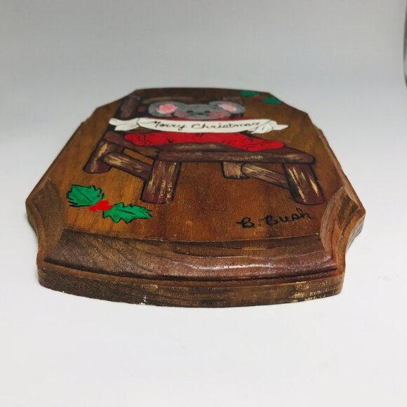 Vintage Hand Painted Mouse Merry Christmas Plaque Holiday Wall Decor Kitschy - Picture 3 of 7